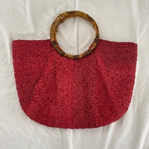 Vintage Large Red Woven Wicker Bamboo Handle Beach Bag Handbag Purse - Picture 7 of 15